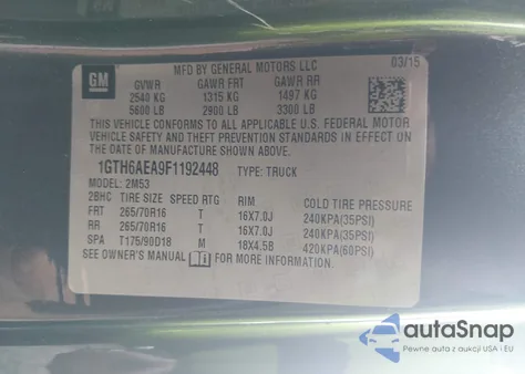 2015 GMC Canyon из США, поврежденный, VIN 1GTH6AEA9F1192448